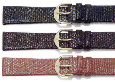 Gents Flat Lizard Grain Leather Watch Strap Replacement Watchband. Hand finished genuine leather; water resistant lining; reinforced stress points; sealed edge construction. Packaged with a pair of stainless steel spring bars and includes both white and yellow nickel free buckles. Available in regular short and long lengths. Stuller Watchbands. Copyright milnejewelry.com.