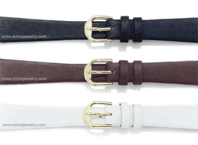 Ladies Genuine Flat Calf Leather Watch Strap Replacement Watchband. Hand finished genuine leather; water resistant lining; reinforced stress points; sealed edge construction. Packaged with a pair of stainless steel spring bars and includes both white and yellow nickel free buckles. Available in regular short and long lengths. Stuller Watchbands. Copyright milnejewelry.com.