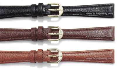 Ladies Textured Genuine Calf Leather Watch Strap Replacement Watchband. Hand finished genuine leather; padded; top stitching; water resistant lining; reinforced stress points; sealed edge construction. Packaged with a pair of stainless steel spring bars and includes both white and yellow nickel free buckles. Available in regular short and long lengths. Stuller Watchbands. Copyright milnejewelry.com.
