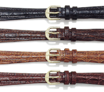 Ladies Crocodile Grain Leather Watch Strap Replacement Watchband. Hand finished genuine leather; padded; top stitching; water resistant lining; reinforced stress points; sealed edge construction. Packaged with a pair of stainless steel spring bars and includes both white and yellow nickel free buckles. Available in regular length. Stuller Watchbands. Copyright milnejewelry.com.