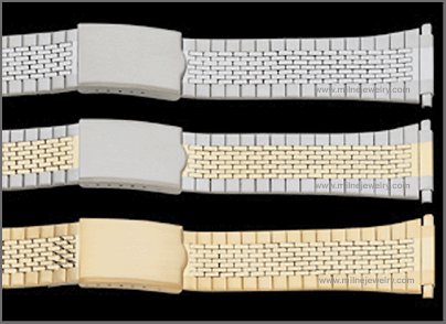 Mens Dress Stainless Steel Spring End Adjustable Link Bracelet Replacement Watchband. Non expansion adjustable link bracelet; solid stainless steel construction; ion gold plated; brushed finish; hand polished; adjustable fold-over clasp; spring ends; spring bars supplied. Stuller Watchbands. Copyright milnejewelry.com.