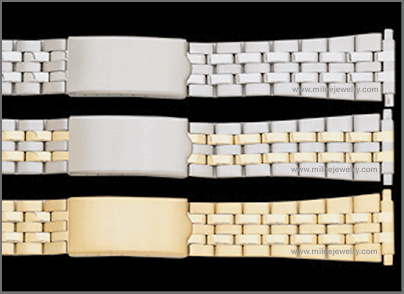 Mens Dress Stainless Steel Spring End Adjustable Link Bracelet Replacement Watchband. Non expansion adjustable link bracelet; solid stainless steel construction; ion gold plated; brushed and polished finish; adjustable fold over clasp; spring ends; spring bars supplied. Stuller Watchbands. Copyright milnejewelry.com.