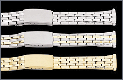 Ladies Dress Stainless Steel Spring End Adjustable Link Bracelet Replacement Watchband. Non expansion adjustable link bracelet; solid stainless steel construction; ion gold plated; brushed and polished finish; adjustable fold over clasp; spring ends; spring bars supplied. Stuller Watchbands. Copyright milnejewelry.com.