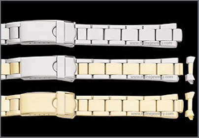 Ladies Tapered Sport Stainless Steel Multiple End Piece Link Bracelet Replacement Watchband. Non expansion piece link bracelet; solid stainless steel construction; tapered; ion gold plated; hand polished; adjustable safety fold over clasp; spring bars and straight curved ends supplied. Stuller Watchbands. Copyright milnejewelry.com.