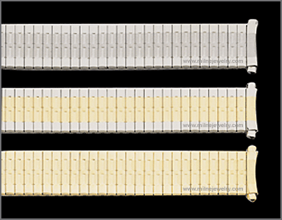 Mens Stainless Steel Curved Spring End Expansion Band Replacement Watchband. Expansion band; adjustable links; solid stainless steel construction; ion gold plated; hand polished; curved spring ends; spring bars supplied. Stuller Watchbands. Copyright milnejewelry.com.