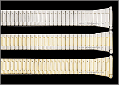 Mens Tapered Stainless Steel Curved Spring End Expansion Band Replacement Watchband. Tapered expansion band; adjustable links; solid stainless steel construction; ion gold plated; hand polished; straight spring ends; spring bars supplied. Stuller Watchbands. Copyright milnejewelry.com.