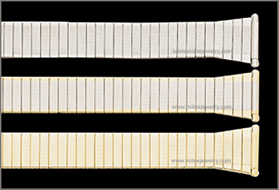 Mens Tapered Stainless Steel Curved Spring End Expansion Band Replacement Watchband. Tapered expansion band; adjustable links; solid stainless steel construction; ion gold plated; hand polished; straight spring ends; spring bars supplied. Stuller Watchbands. Copyright milnejewelry.com.