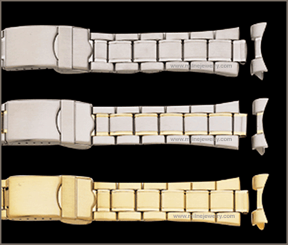 Mens Tapered Divers Stainless Steel Multiple End Piece Link Bracelet Replacement Watchband. Non expansion piece link bracelet; solid stainless steel construction; tapered; ion gold plated; hand polished; adjustable safety fold over clasp; spring bars and straight curved ends supplied. Stuller Watchbands. Copyright milnejewelry.com.