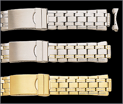 Mens Divers Stainless Steel Multiple End Piece Link Bracelet Replacement Watchband. Non expansion piece link bracelet; solid stainless steel construction; ion gold plated; hand polished; adjustable safety fold over clasp; spring bars and straight curved ends supplied. Stuller Watchbands. Copyright milnejewelry.com.