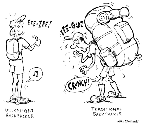 Cartoon of a packpacker weighed down by a heavy pack, and a backpacker enjoying a very light pack