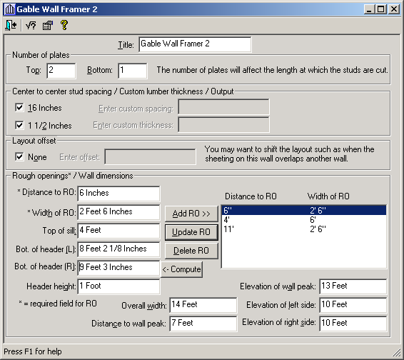 Gable Wall Data Entry