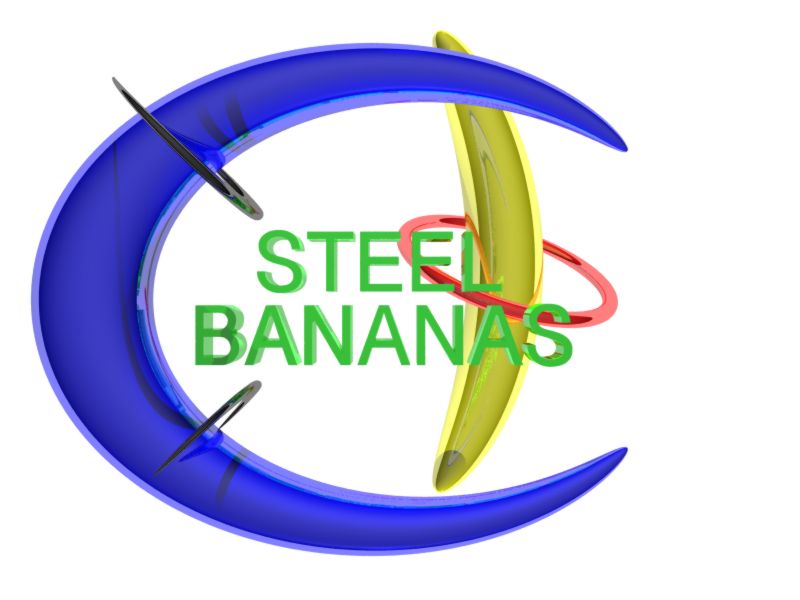 Steel Bananas: a yellow banana
with a red ring around it, and a blue torus-like arc.