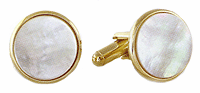 LGBCL017 Pearly Mother-of-Pearl Gold Cuff Link Set. Genuine mother-of-pearl, polished edge, 23k gold electroplate. Copyright Milne Jewelry.