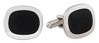 LGBCL028R Savoir-Faire Oval Rhodium Cuff Link Set. Satiny brush finish, black epoxy, rhodium electroplate. Copyright Milne Jewelry.