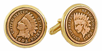 LGBCL034 Collector Indian Head Penny Cuff Link Set. Genuine Indian Head Penny, 23 karat gold electroplate. Copyright Milne Jewelry.