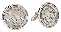 LGBCL035R Collector Buffalo Nickel Cuff Link Set. Genuine Buffalo Nickel, rhodium electroplate. Copyright Milne Jewelry.