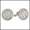 LGBCL036R Collector Mercury Dime Cuff Link Set. Genuine Mercury Dime, rhodium electroplate. Copyright Milne Jewelry.