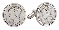 LGBCL036R Collector Mercury Dime Cuff Link Set. Genuine Mercury Dime, rhodium electroplate. Copyright Milne Jewelry.