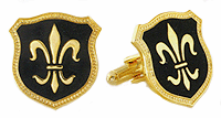 LGBCL2684 Emblematic Black Fleur-de-lis Cuff Link Set. Black epoxy, 23 karat gold electroplate. Copyright Milne Jewelry.