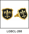 LGBCL2684 Emblematic Black Fleur-de-lis Cuff Link Set. Black epoxy, 23 karat gold electroplate. Copyright Milne Jewelry.