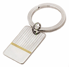 LGBKC119R Two-Tone Linear Key Ring. Tooled lines, engravable, Rhodium and 23k gold electroplate. Copyright Milne Jewelry.