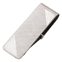 LGBMC140R Linear Diagonal Hinged Money Clip. Etched diagonal lines, rhodium electroplate, engravable. Copyright Milne Jewelry.