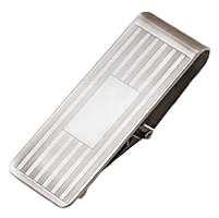 LGBMC148R Felicitous Rhodium Horizontal Line Hinged Money Clip. Etched horizontal lines, rhodium electroplate, engravable. Copyright Milne Jewelry.
