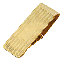 LGBMC148 Felicitous Gold Horizontal Line Hinged Money Clip. Etched horizontal lines, 23k gold electroplate, engravable. Copyright Milne Jewelry.