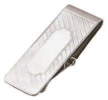LGBMC149R Felicitous Rhodium Diagonal Line Hinged Money Clip. Tooled vertical lines, rhodium electroplate, engravable. Copyright Milne Jewelry.