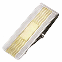 LGBMC152R Linear Two-Tone Hinged Money Clip. Tooled lines,  Rhodium & 23k gold electroplate, engravable. Copyright Milne Jewelry.