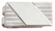 LGBMC386R Rhodium Fluent Iconic Obliquity Money Clip. Classic diagonal engraving plaque, tooled lines, rhodium electroplate. Copyright Milne Jewelry.