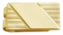 LGBMC386 Gold Fluent Iconic Obliquity Money Clip. Classic diagonal engraving plaque, tooled lines, 23 k gold electroplate. Copyright Milne Jewelry.