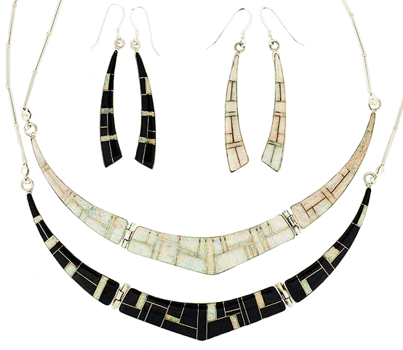 SM-SET136-WOPBOO Reversible Onyx and Opal Channel Inlay Necklace and Earring Set. Copyright Milne Jewelry
