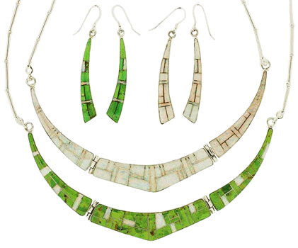 SM-SET136-WOPGSO Reversible Gaspeite and Opal Inlay Necklace and Earring Set. Copyright Milne Jewelry