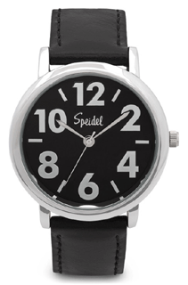 SP-603398100 Men's Large Numeral Leather Strap Black Dial Watch. Copyright Speidel & Milne Jewelry.